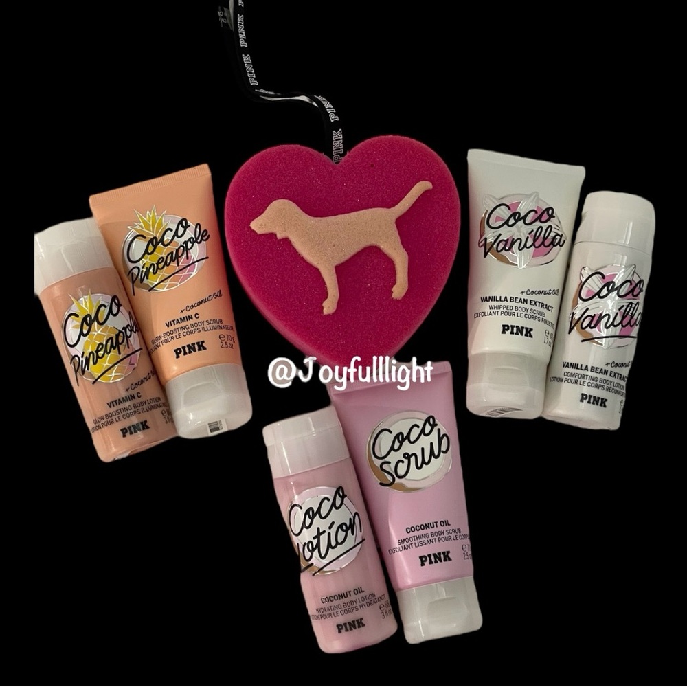 New VS PINK  Coco Minis 6-Pc Travel Set + Heart Dog Loofah